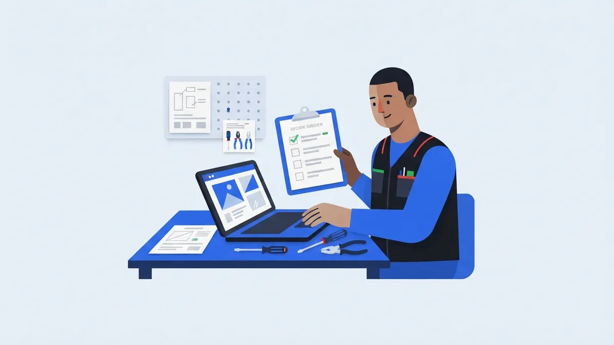 Técnico na bancada consertando notebook, com ordem de serviço na prancheta.