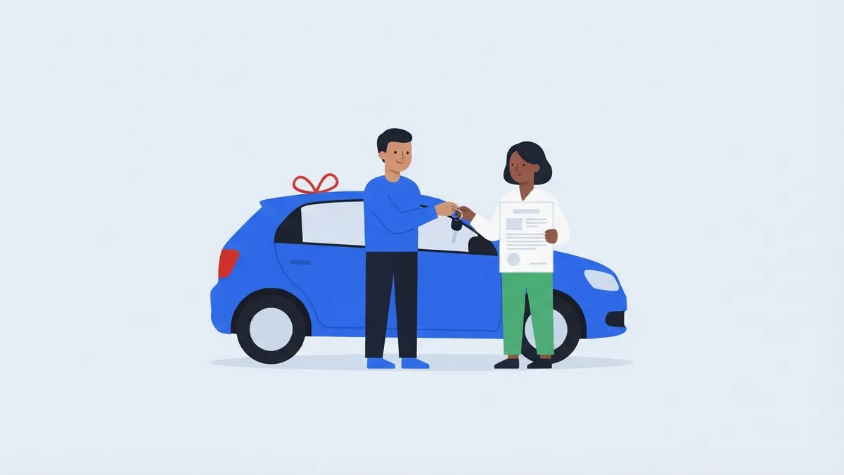 Duas pessoas trocando a chave de um carro e o contrato de compra e venda.