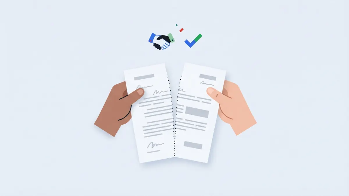 Duas mãos rasgando um contrato em comum acordo, com aperto de mão ao fundo.
