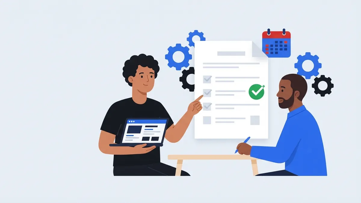 Profissional e cliente revisando juntos a lista de entregas de um contrato de serviço.