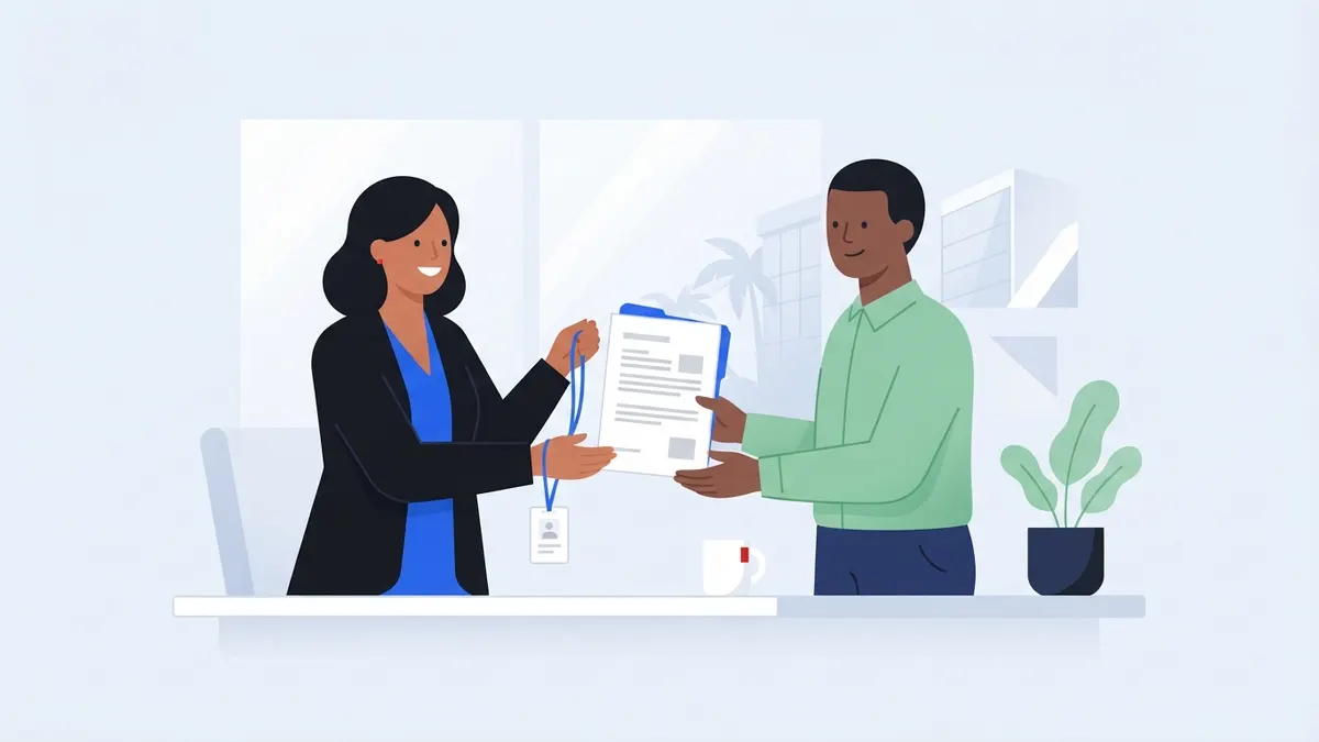 Novo funcionário recebendo contrato e crachá no primeiro dia de trabalho.