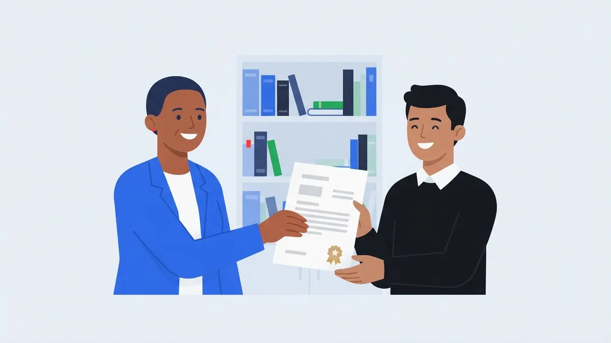 Mentor entregando carta de recomendação com selo a uma jovem profissional.