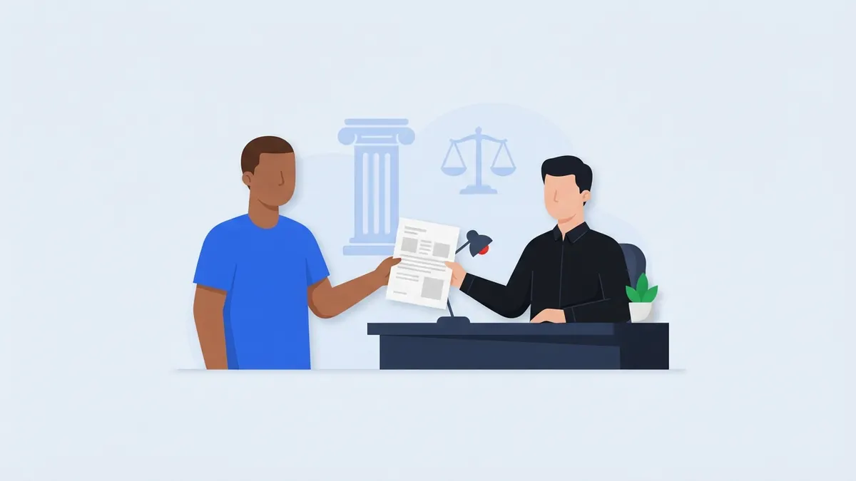 Pessoa entregando declaração num balcão público, com balança da justiça ao fundo.