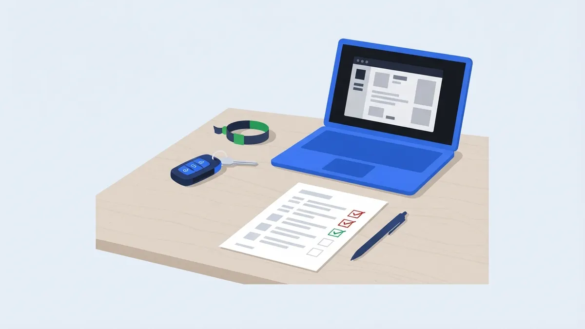 Notebook, chave de carro e pulseira de evento ao lado de um termo com caixas marcadas.