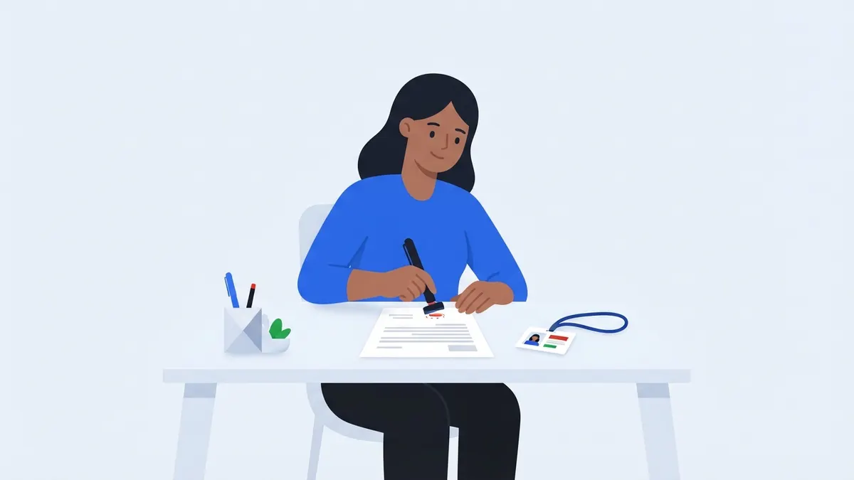 Gestora assinando declaração de trabalho com crachá ao lado.