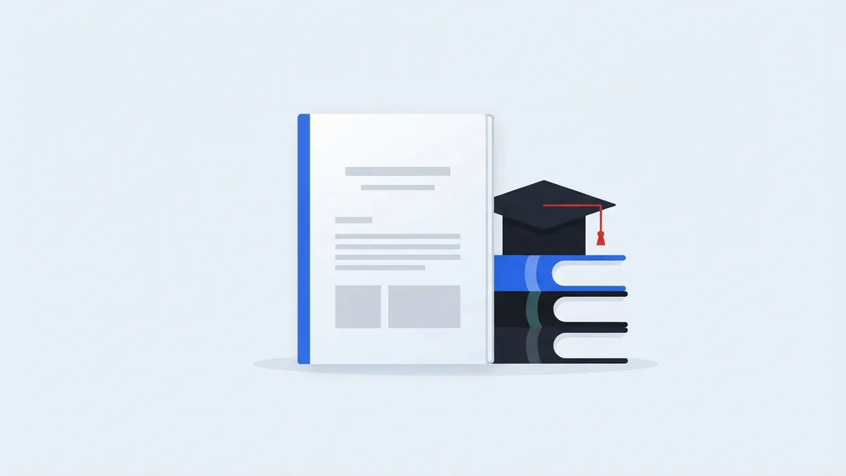 Trabalho acadêmico encadernado com capa branca, capelo e livros.