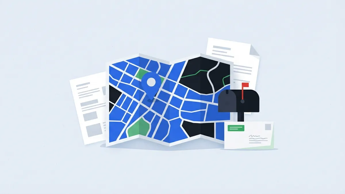 Mapa dobrado com um alfinete de localização, caixa de correio e envelope.