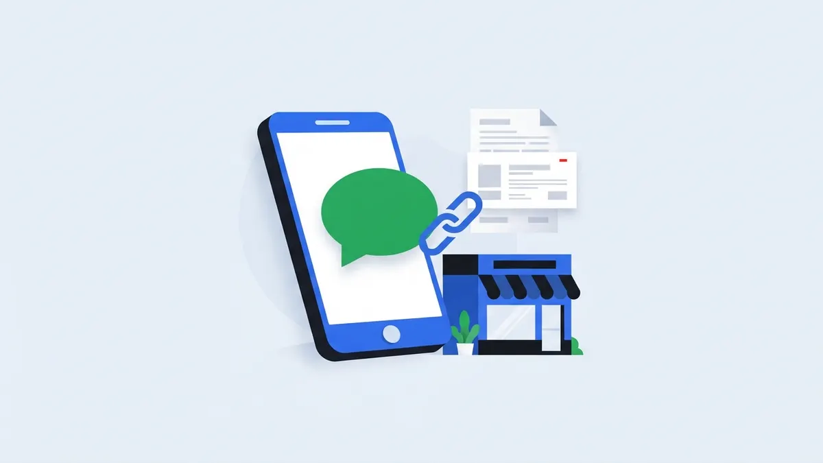 Celular com balão de conversa ligado por um elo a um cartão de visita e uma loja.
