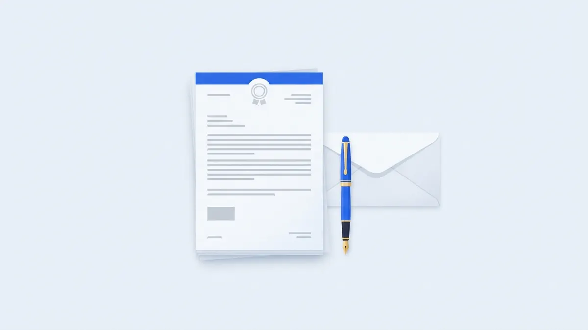 Pilha de folhas de papel timbrado com faixa azul no topo, caneta e envelope.
