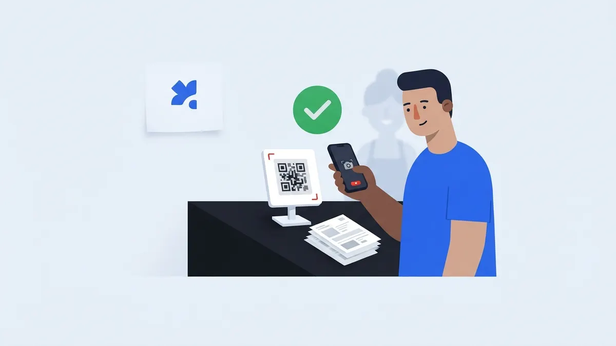 Balcão de loja com um QR Code impresso e um celular pagando por aproximação.