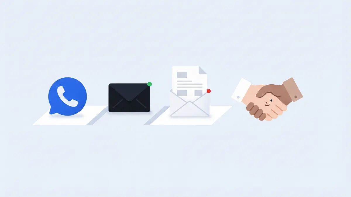 Etapas da cobrança: telefonema, e-mail e carta, levando a um acordo.