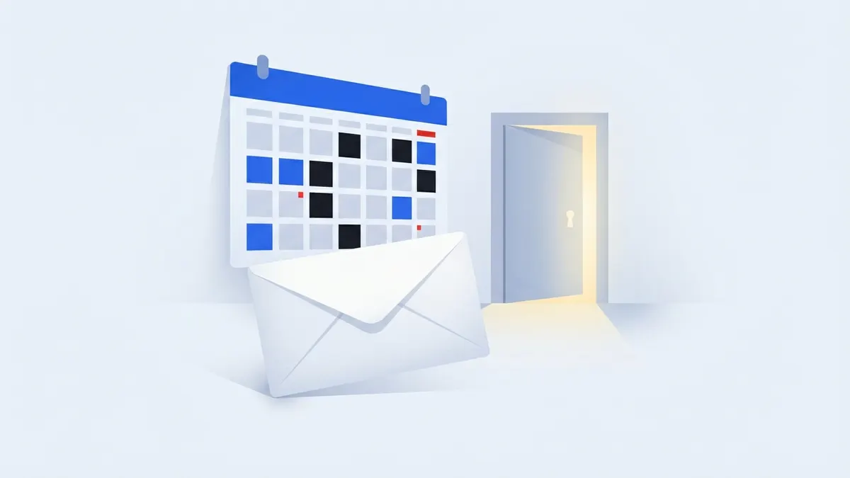 Calendário com trinta dias marcados levando a uma porta iluminada e uma carta.