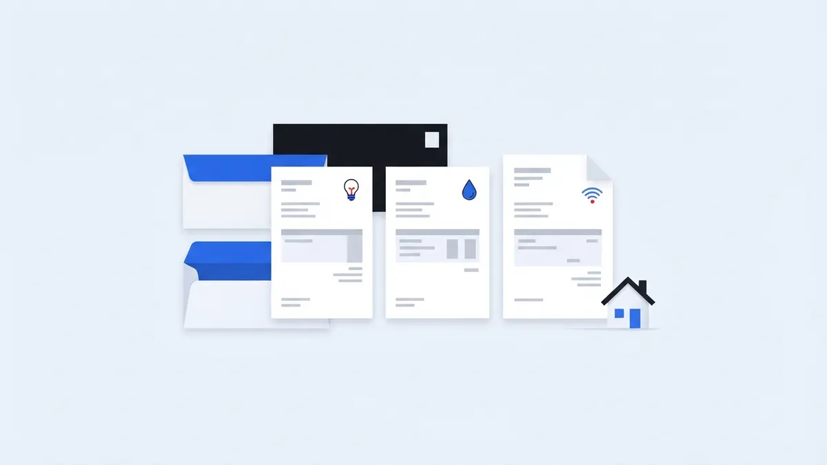 Envelopes de contas de luz, água e internet ao lado de uma casa.
