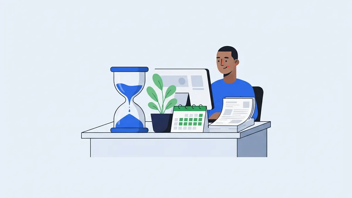 Ampulheta na mesa de um novo funcionário e calendário com período de noventa dias.