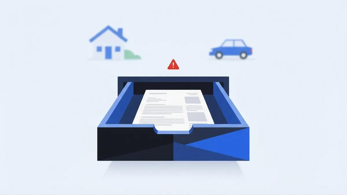 Gaveta entreaberta com um contrato guardado e sinal de alerta, com casa e carro ao fundo.