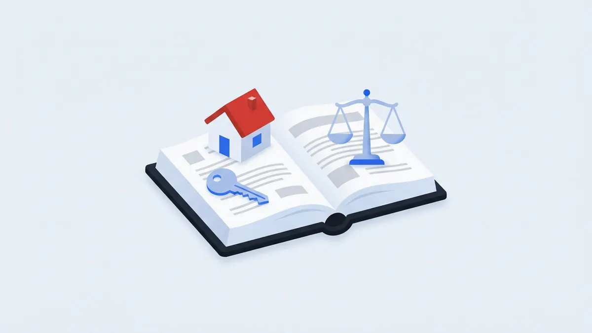 Livro de lei aberto com uma casinha sobre as páginas, chave e balança.