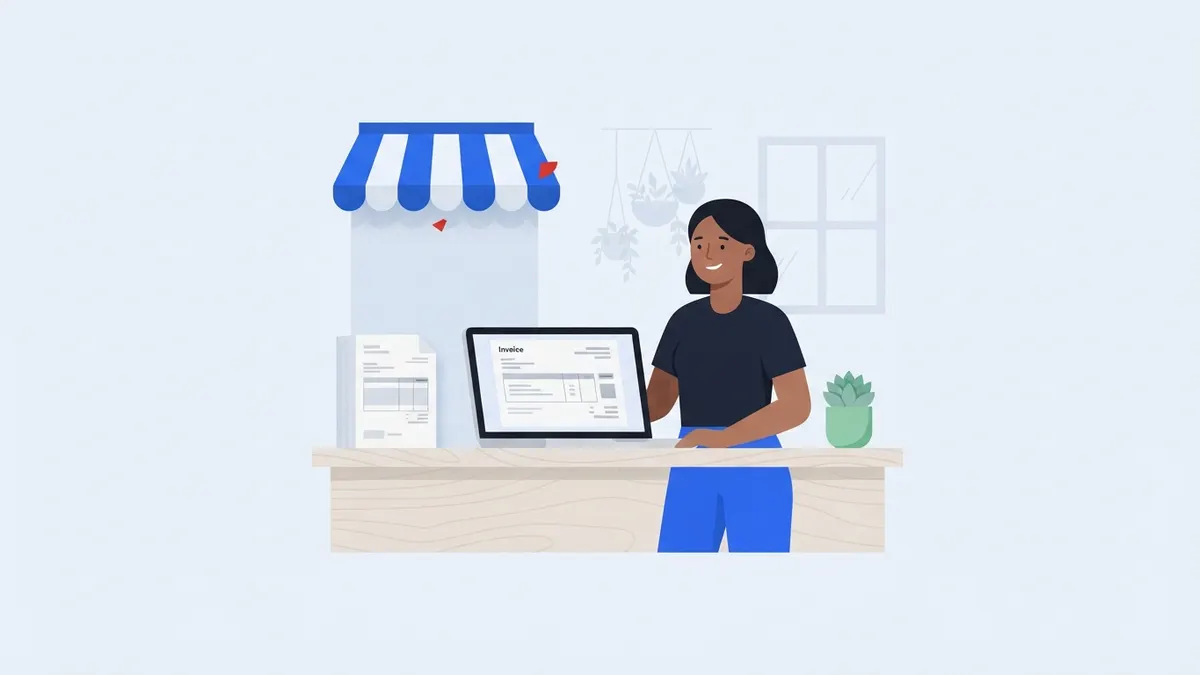 Microempreendedora emitindo nota fiscal no notebook, no balcão da loja.