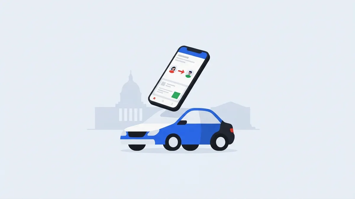 Carro com celular mostrando a transferência entre duas pessoas diante do Detran.