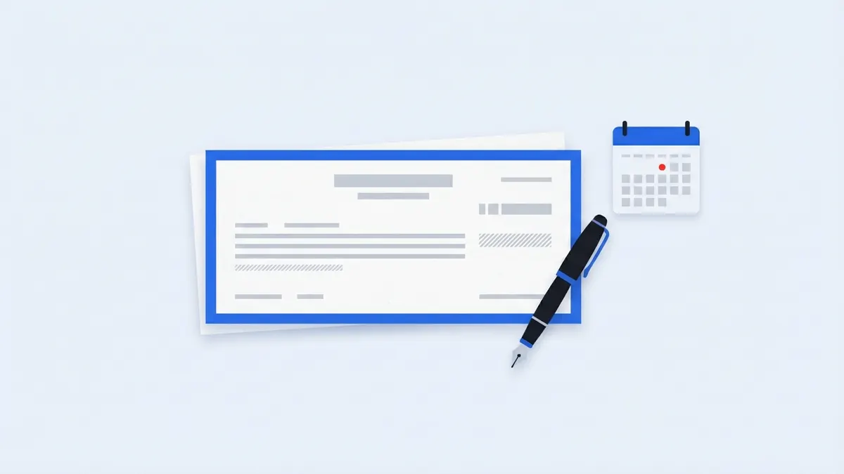 Nota promissória com caneta tinteiro e calendário marcando o vencimento.