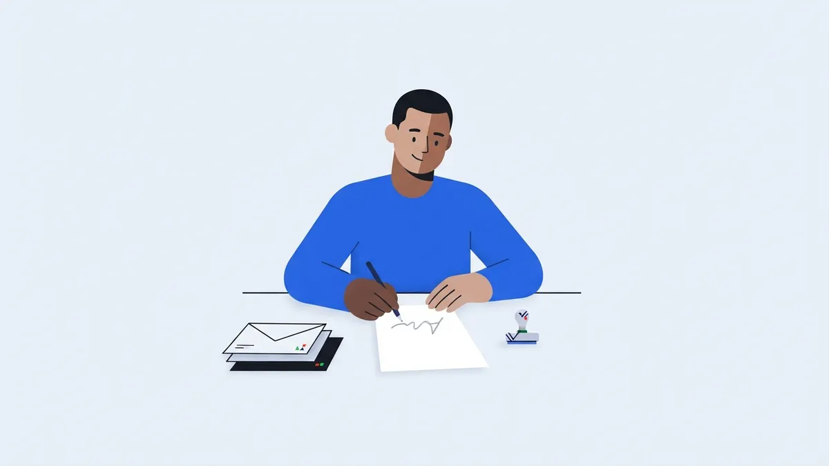 Pessoa assinando uma declaração à mesa, com envelopes e carimbo.