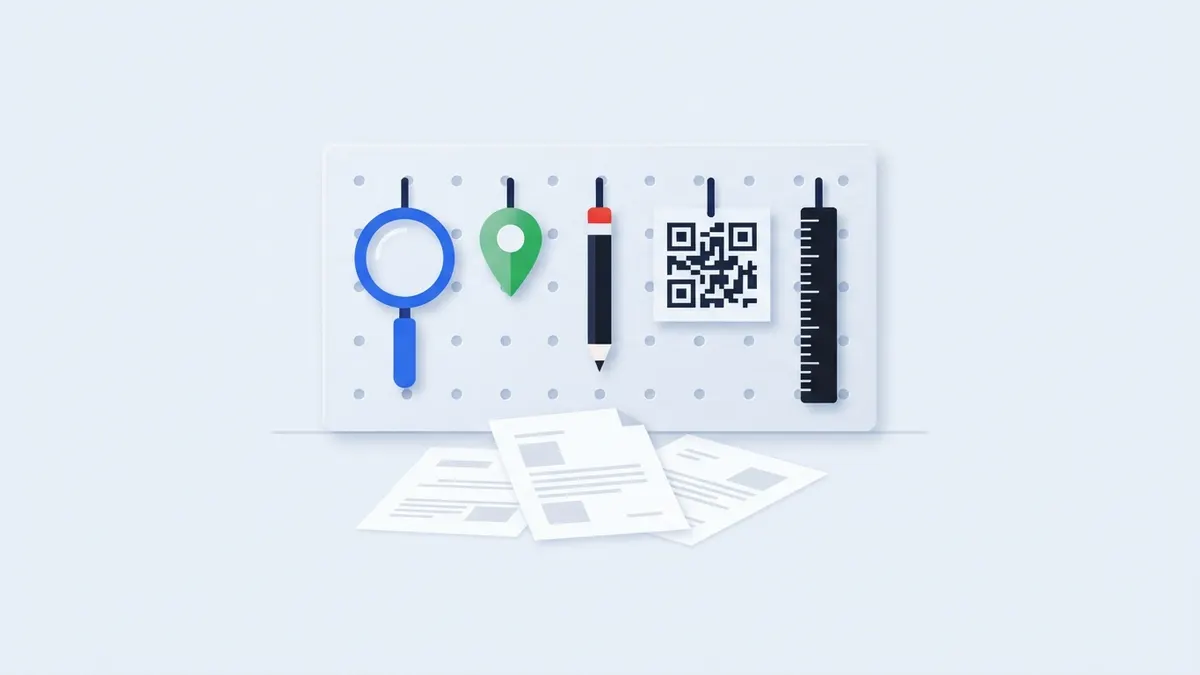 Painel com ferramentas simples: lupa, alfinete de mapa, lápis, régua e um quadrado de QR.